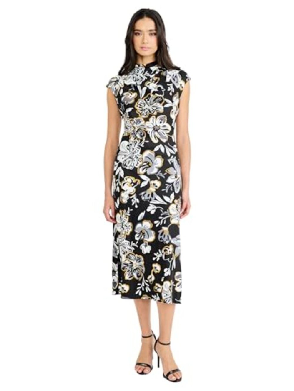 Maggy London Womens Floral Mock Neck Cap Sleeve Sheath Midi Dress - Wedding